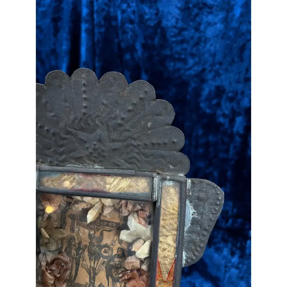 Vintage Metal Religious Shadow Box – Crucifixion Dried Flower Folk Art Shrine